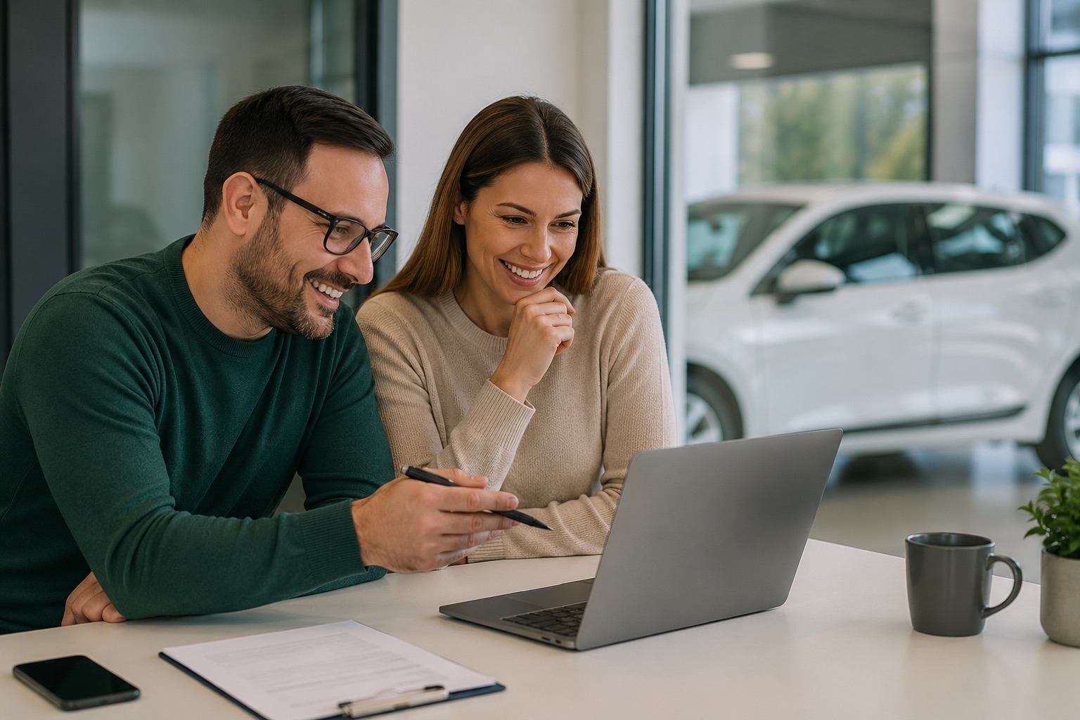 Customers reviewing a guaranteed car offer